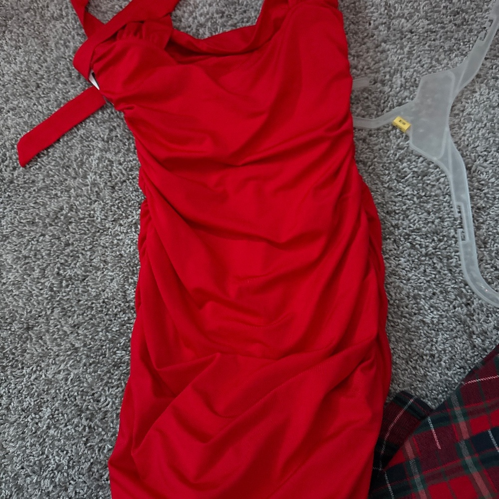 Red rooshed halter dress